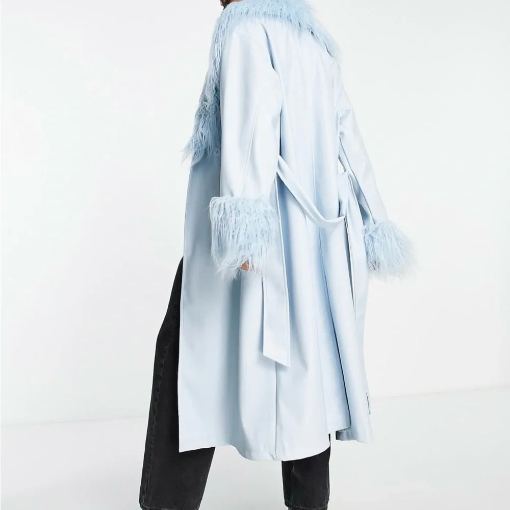 ASOS Sky Blue Leather Jacket with Plush Fur